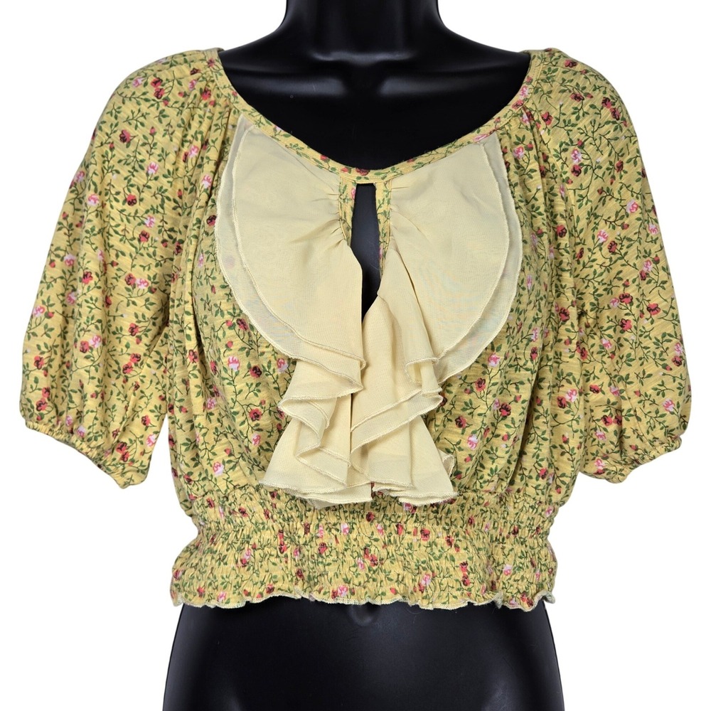 Grass Collection Yellow Floral Ruffle Bow Crop‎ Top Blouse Women's M